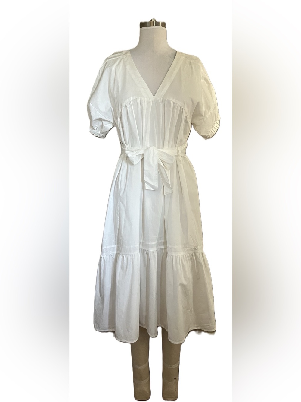 White Midi Tiered Cotton Dress with Waist Tie
